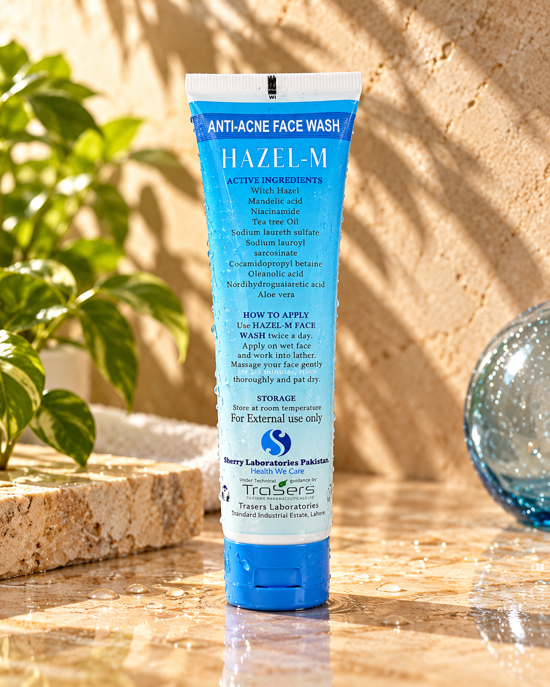 HAZEL-M face wash back label with ingredients and application directions