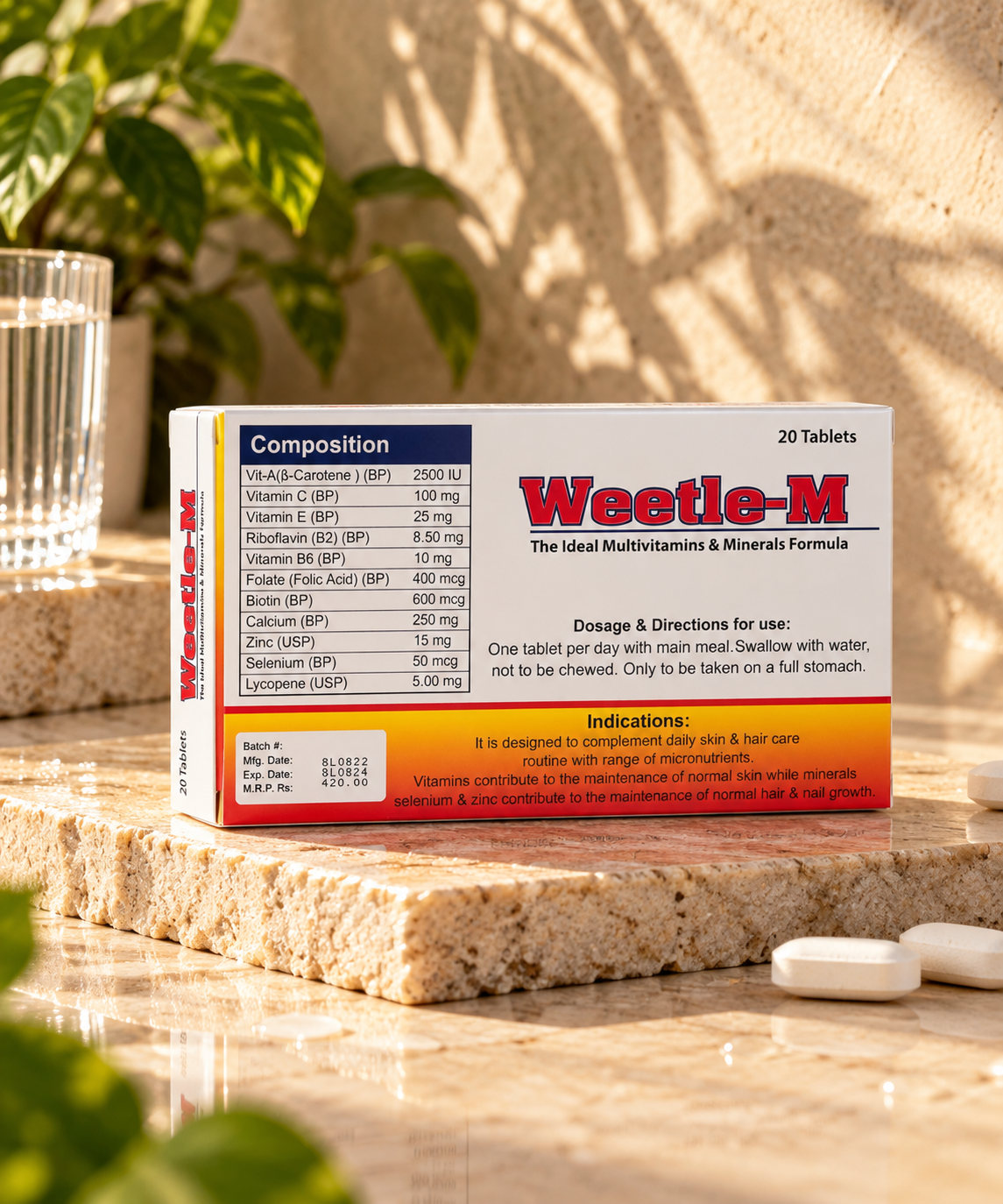 Weetle-M 20 tablets back packaging with composition and directions